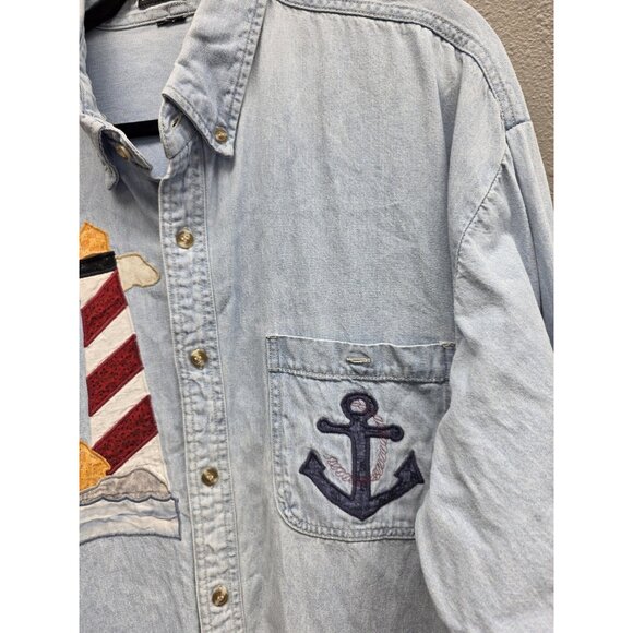 Vintage LA Loving Shirt Womens Large Denim Nautical Lighthouse Sailboat 90s - Picture 3 of 11